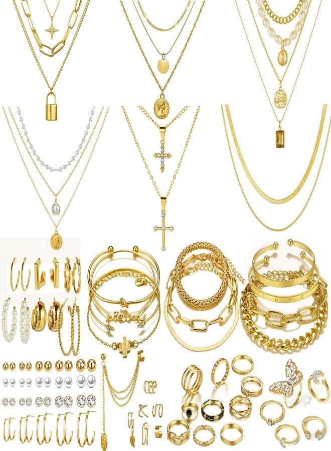 CONGYING 65 Pcs Gold Jewelry Set with 6Pcs Layered Necklace, 11 Pcs anklet and 7Pcs Earring Ear Cuff,11Hoop Earrings,15pcs Rings,15pcs stud earrings Jewerly set for Women Gift - Image 1